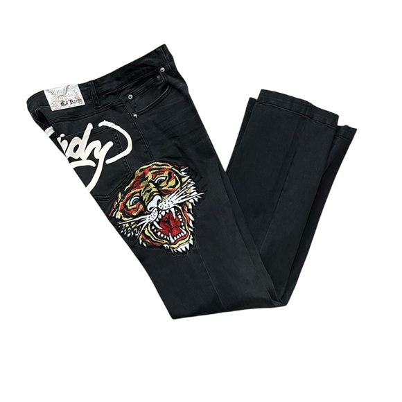 Y2K Ed Hardy Women's Biker Chic Black Denim Tiger head Slim Flare Jean Size: 30 - Picture 4 of 12